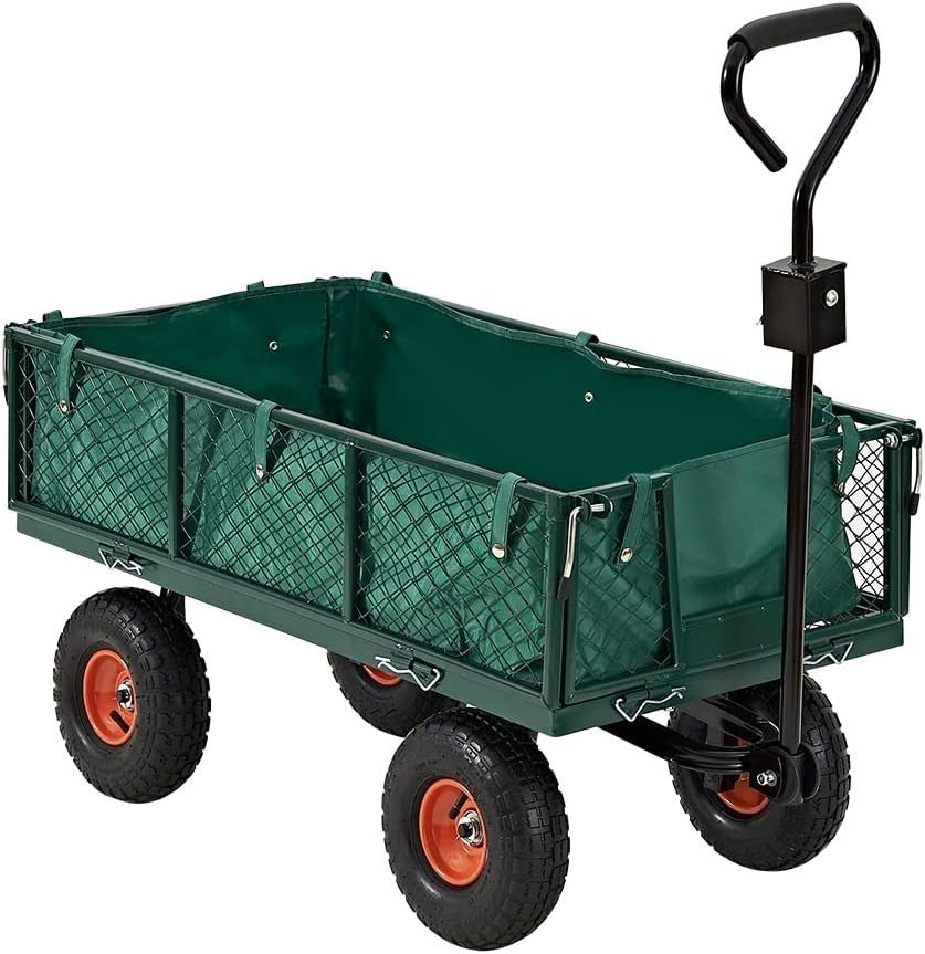 Green Heavy Duty Garden Trolley 350kg Mesh Cart Wagon with Bag & Removable Sides - Kwikley