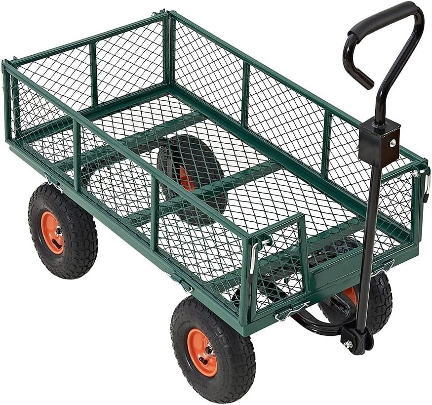 Green Heavy Duty Garden Trolley 350kg Mesh Cart Wagon with Bag & Removable Sides - Kwikley