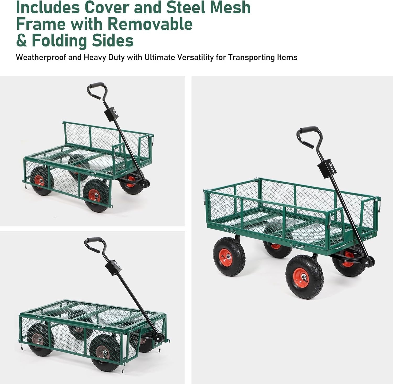 Green Heavy Duty Garden Trolley 350kg Mesh Cart Wagon with Bag & Removable Sides - Kwikley