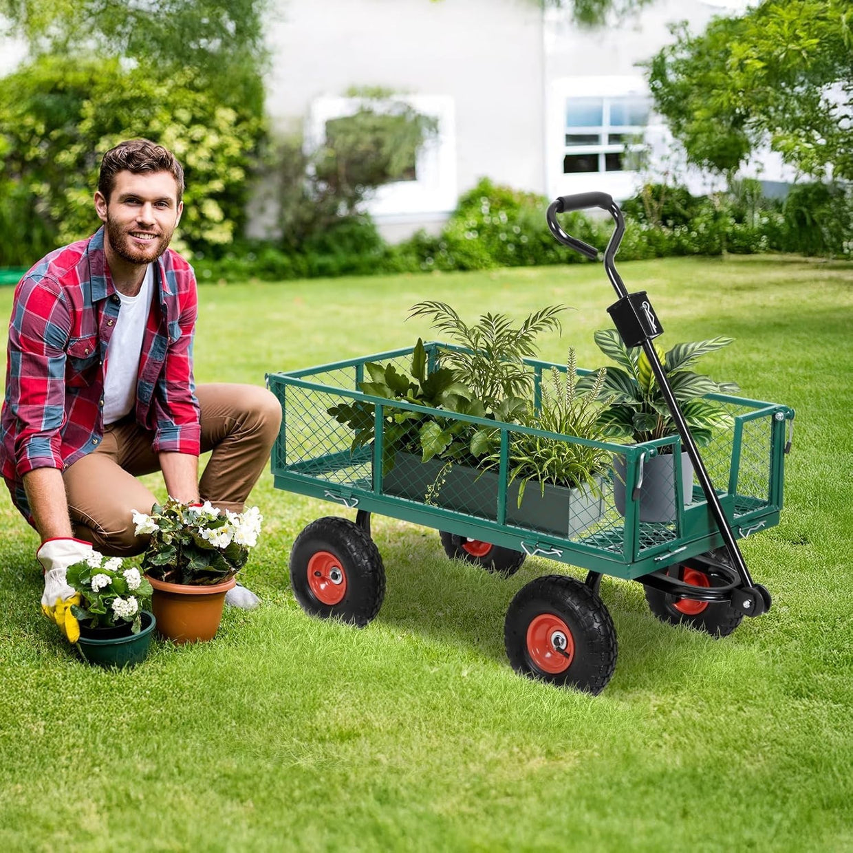 Green Heavy Duty Garden Trolley 350kg Mesh Cart Wagon with Bag & Removable Sides - Kwikley
