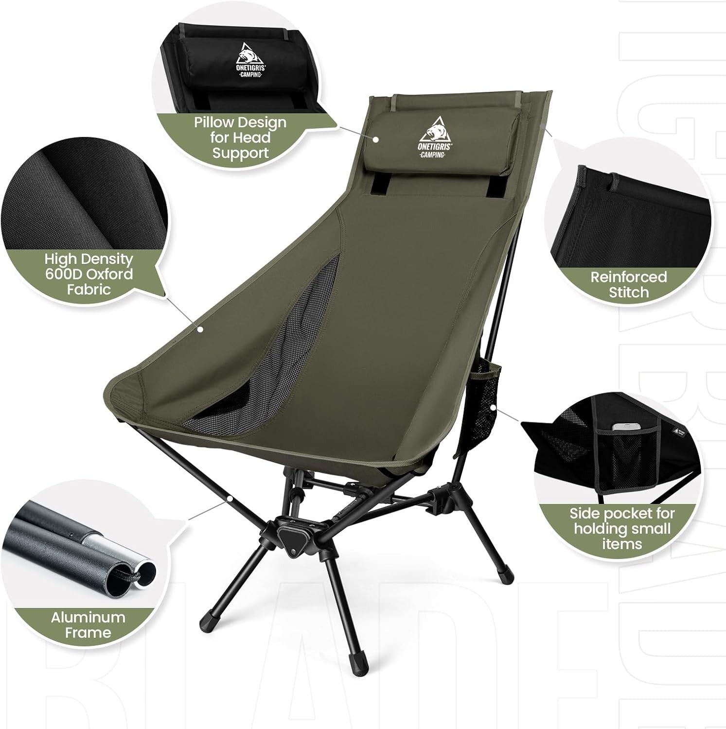 Green High Back Folding Camping Chair with Pillow, Heavy Duty 170kg Support - Kwikley