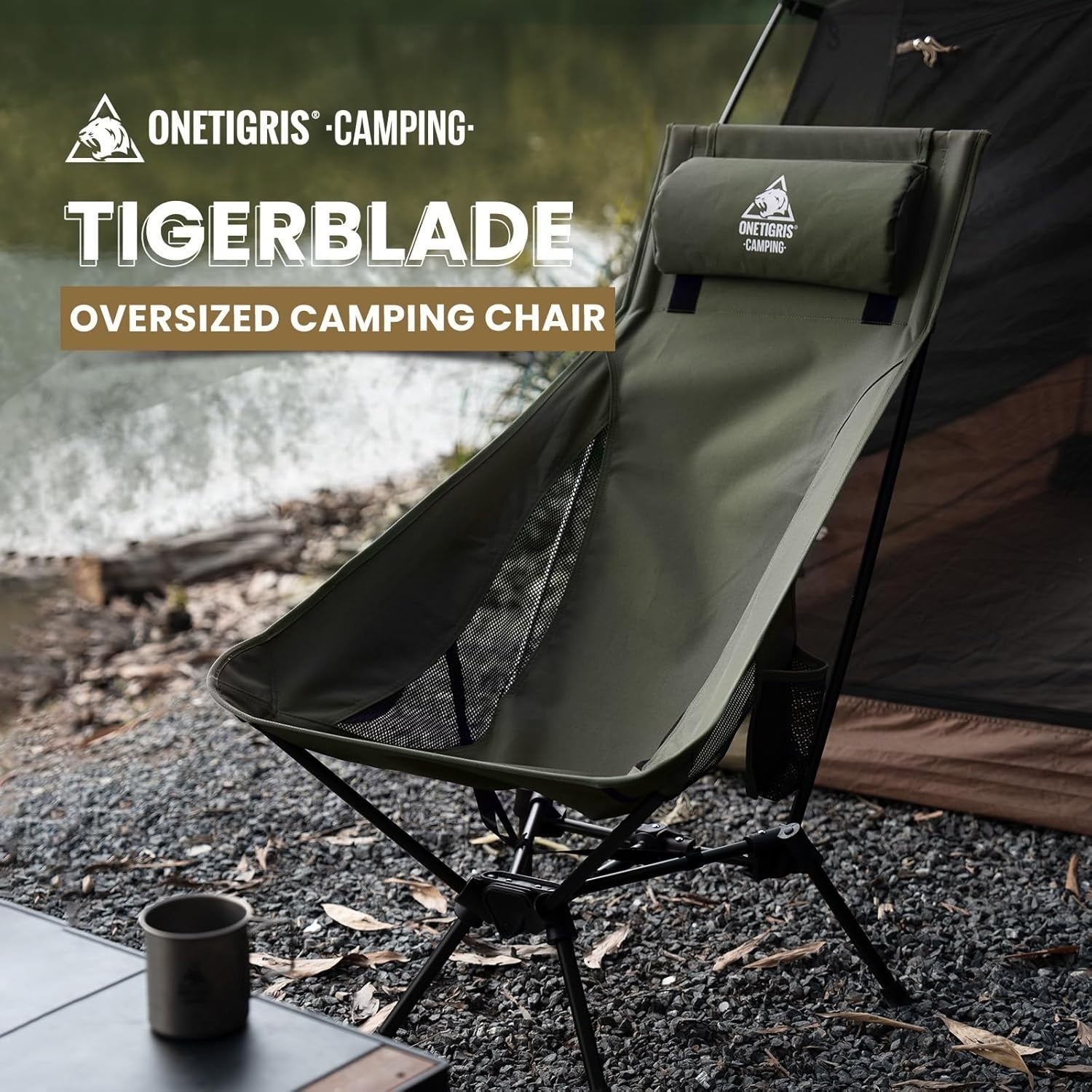 Green High Back Folding Camping Chair with Pillow, Heavy Duty 170kg Support - Kwikley