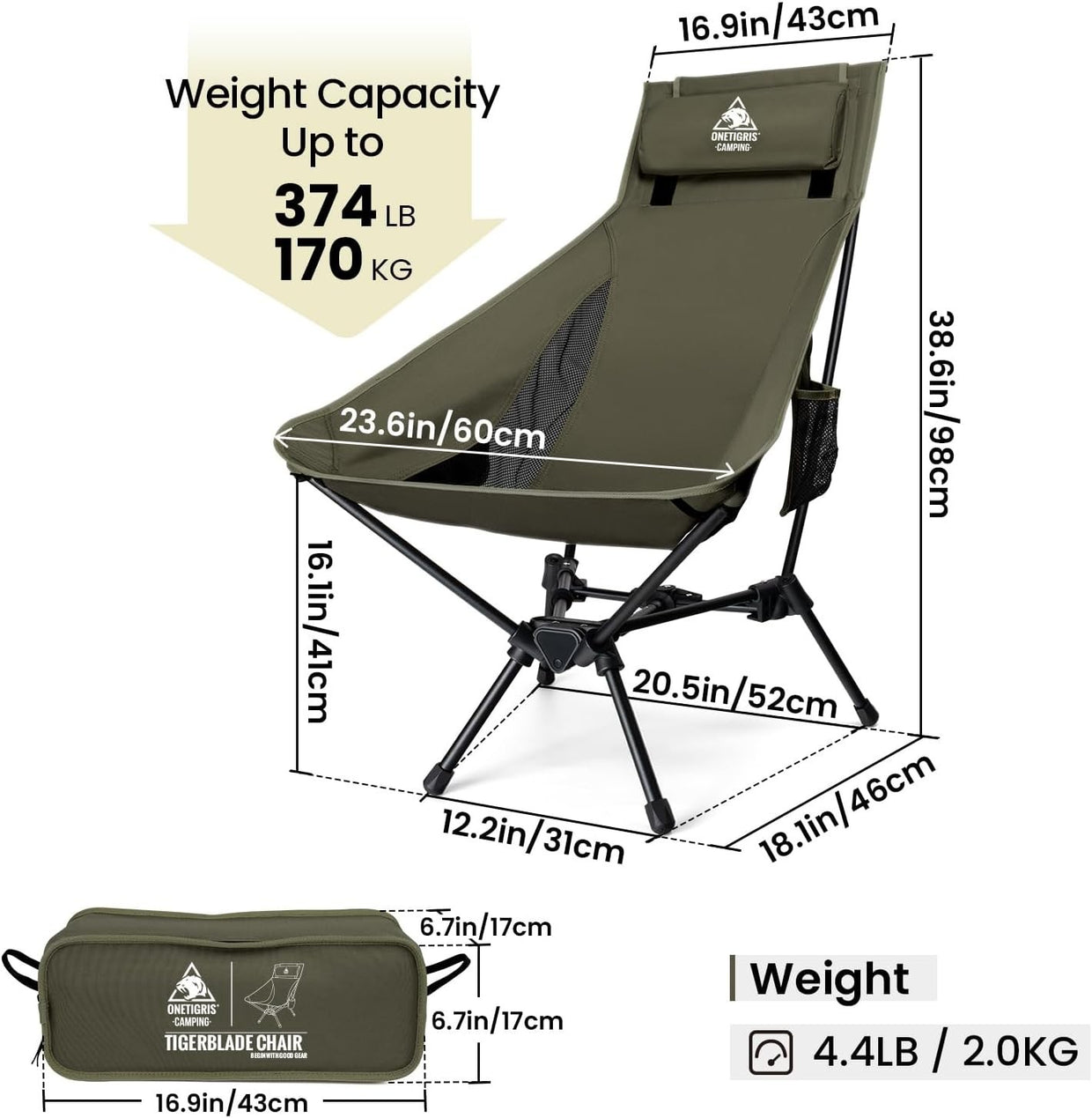 Green High Back Folding Camping Chair with Pillow, Heavy Duty 170kg Support - Kwikley
