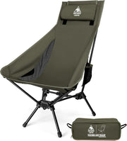 Green High Back Folding Camping Chair with Pillow, Heavy Duty 170kg Support - Kwikley