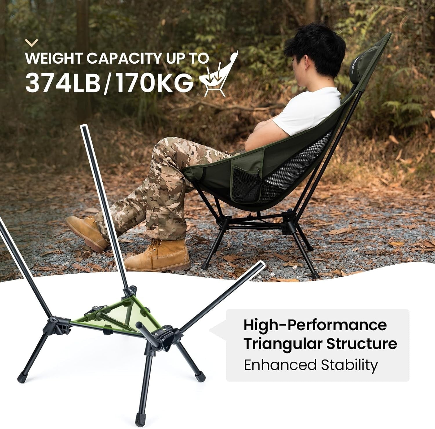 Green High Back Folding Camping Chair with Pillow, Heavy Duty 170kg Support - Kwikley