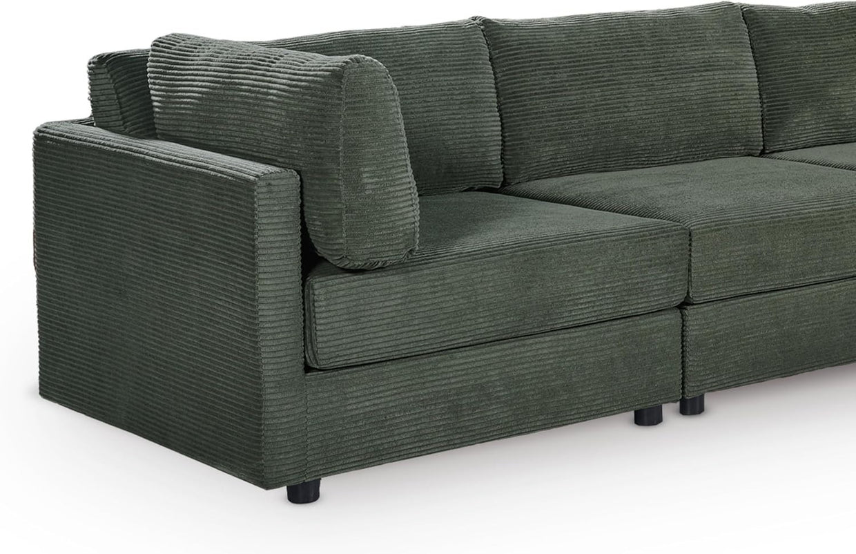 Green Jumbo Cord Modular 5 Seater L Shaped Sofa – Removable Covers - Kwikley