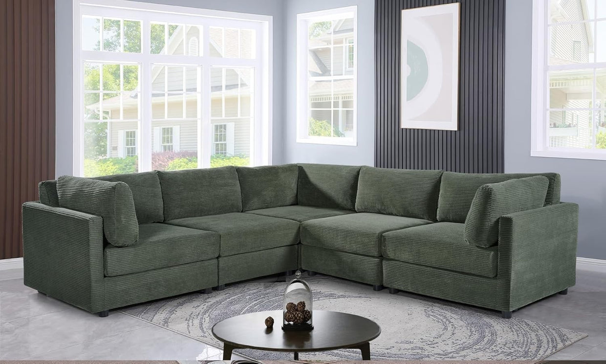 Green Jumbo Cord Modular 5 Seater L Shaped Sofa – Removable Covers - Kwikley