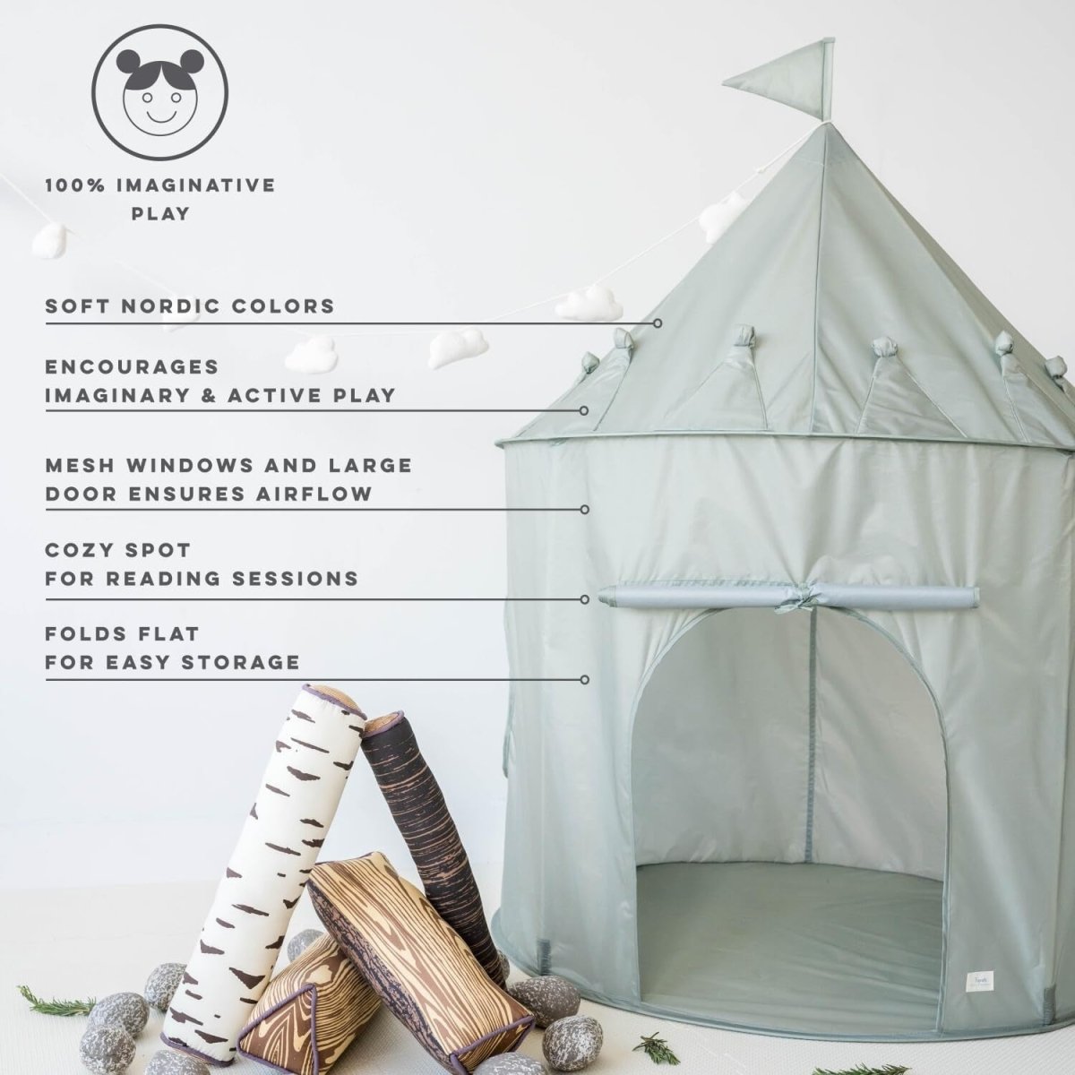 Green Kids Indoor Play Tent Pop Up Fort Modern Eco Fabric - Kwikley