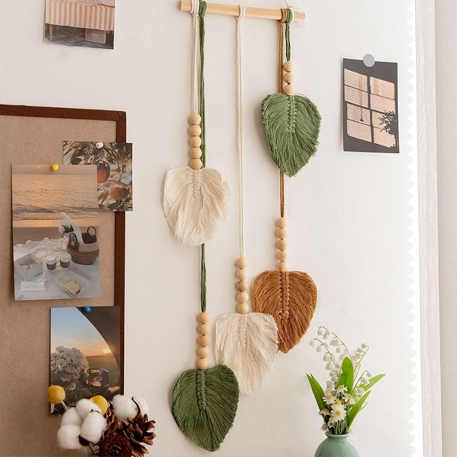 Green Leaf Macrame Wall Hanging 25x70cm Boho Tassel Tapestry - Kwikley