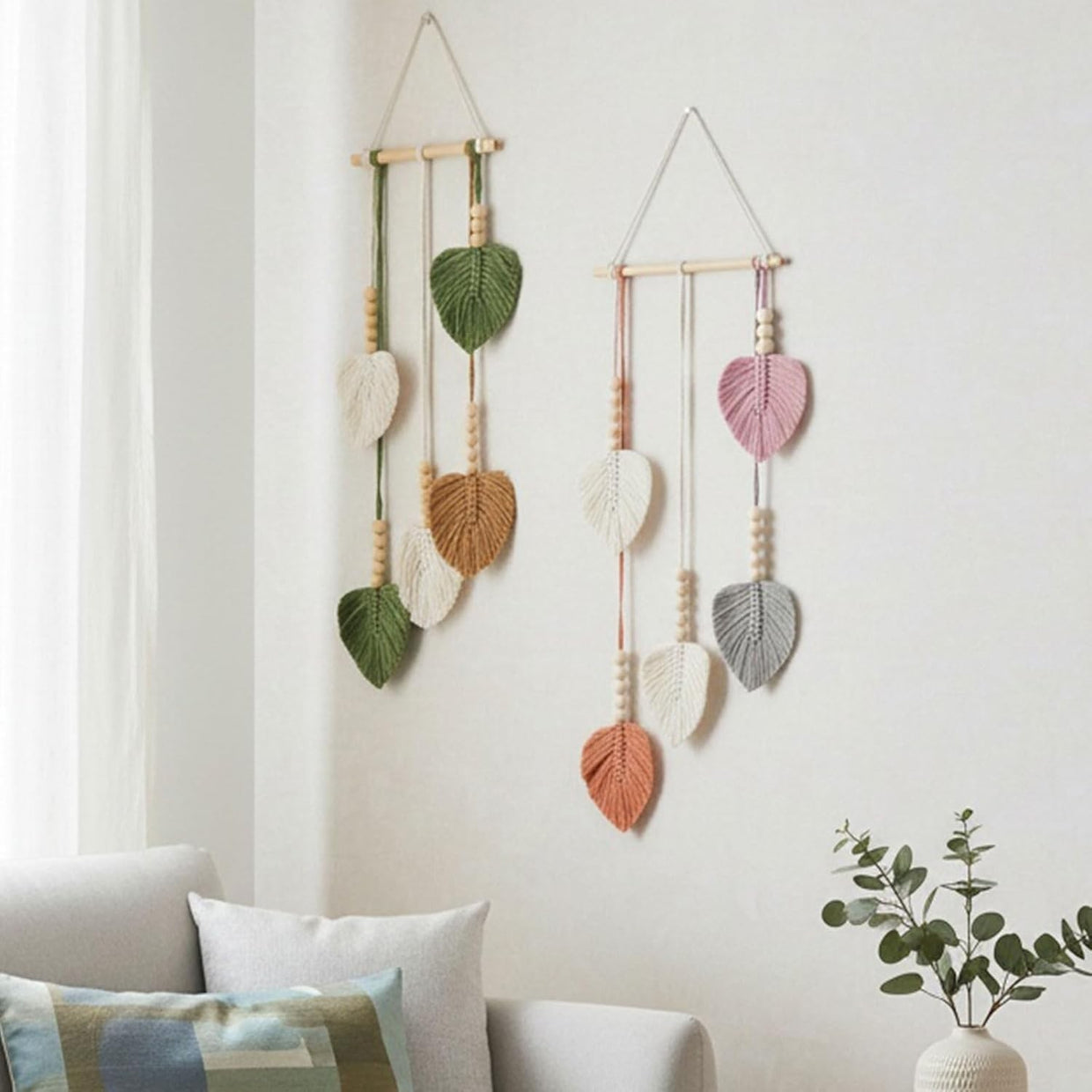 Green Leaf Macrame Wall Hanging 25x70cm Boho Tassel Tapestry - Kwikley