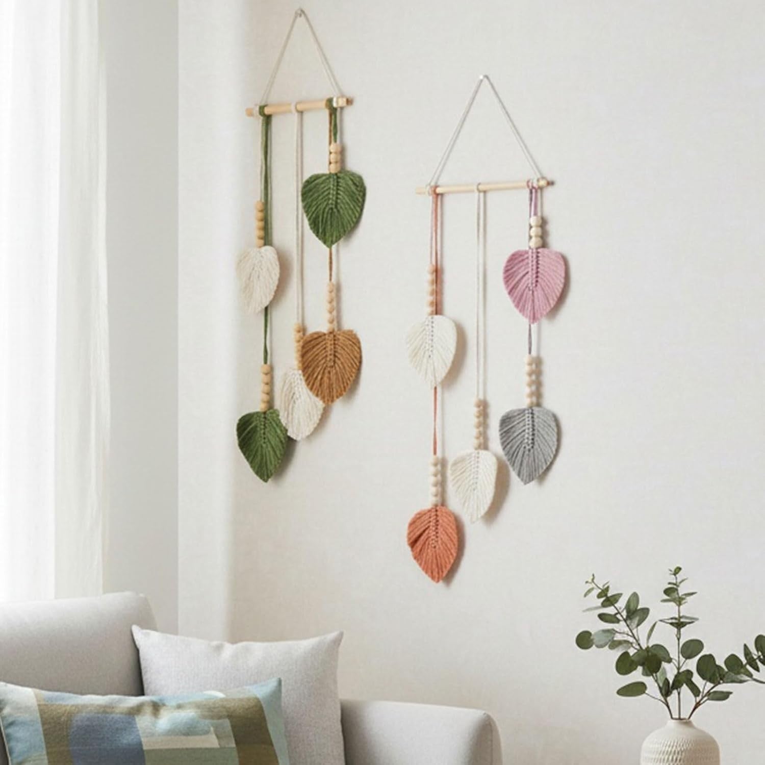 Green Leaf Macrame Wall Hanging 25x70cm Boho Tassel Tapestry - Kwikley