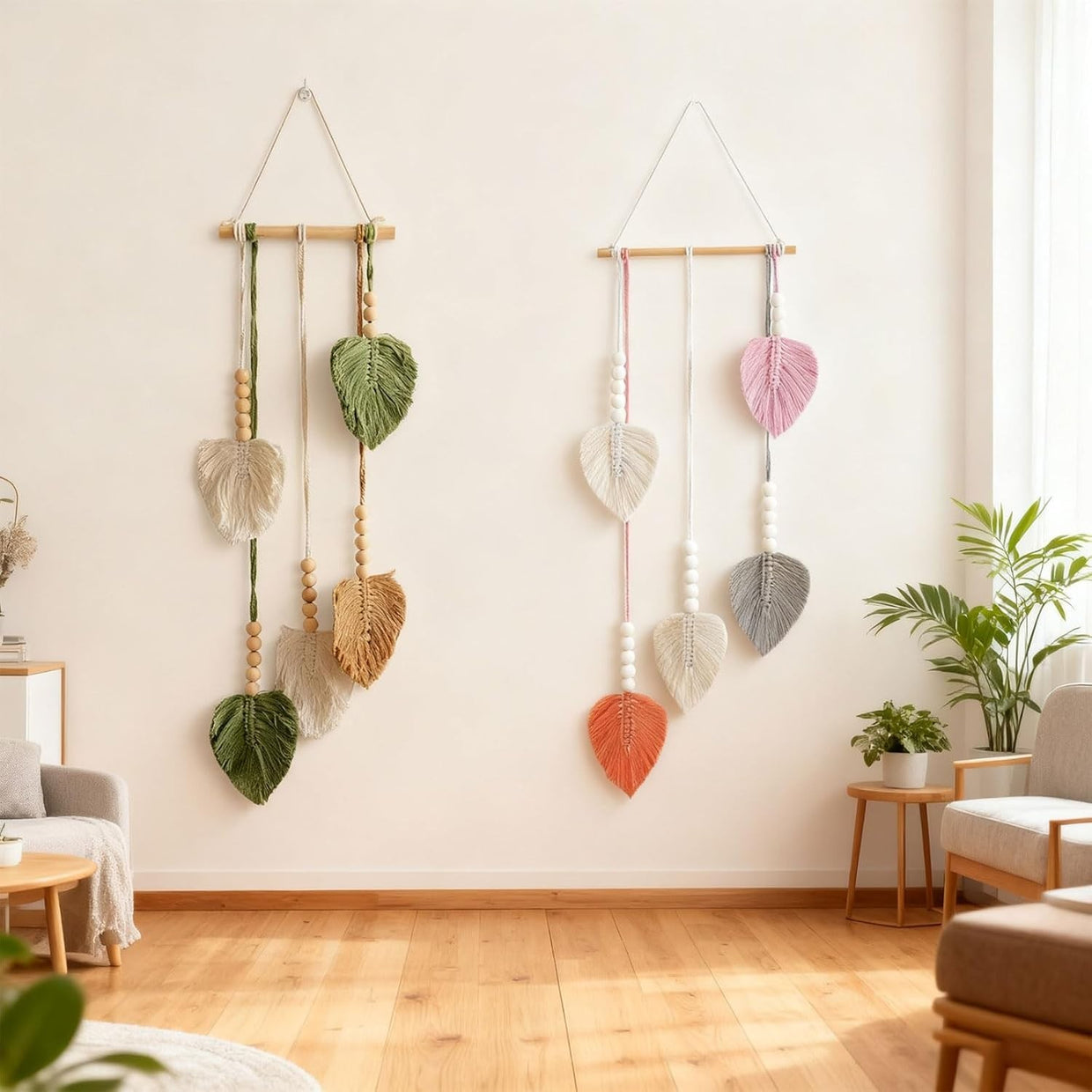 Green Leaf Macrame Wall Hanging 25x70cm Boho Tassel Tapestry - Kwikley