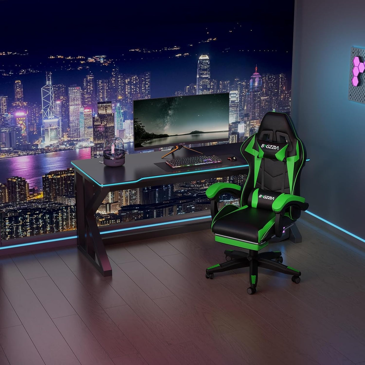 Green LED Gaming Chair Recliner High Back Faux Leather PC Office Computer Seat - Kwikley
