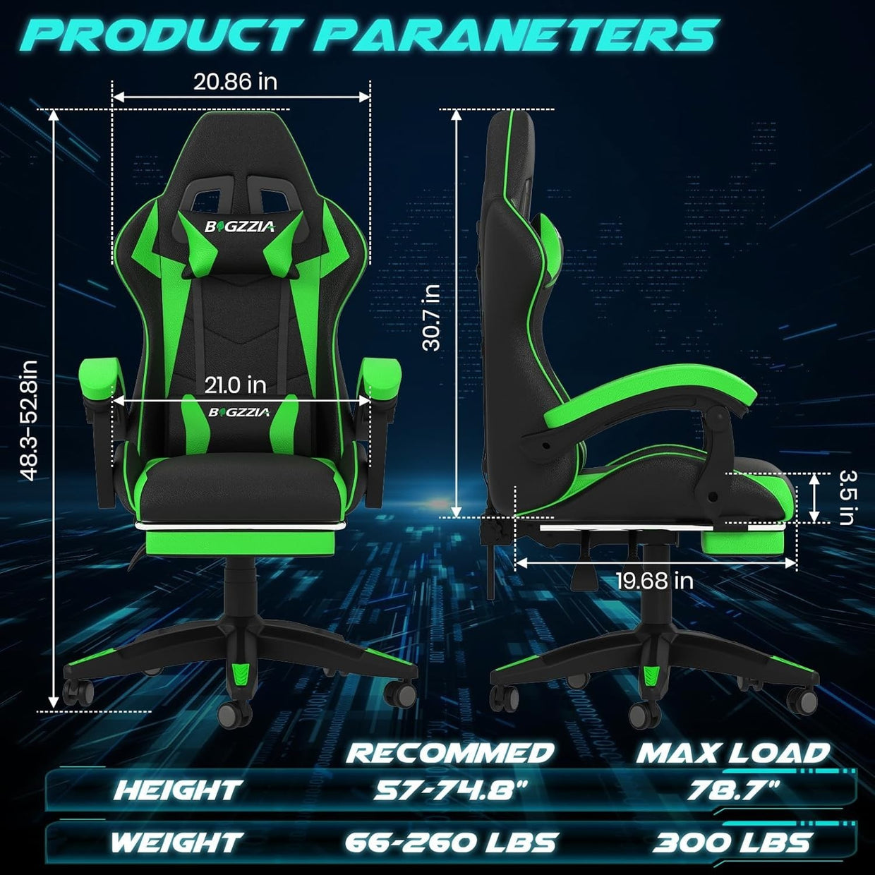 Green LED Gaming Chair Recliner High Back Faux Leather PC Office Computer Seat - Kwikley