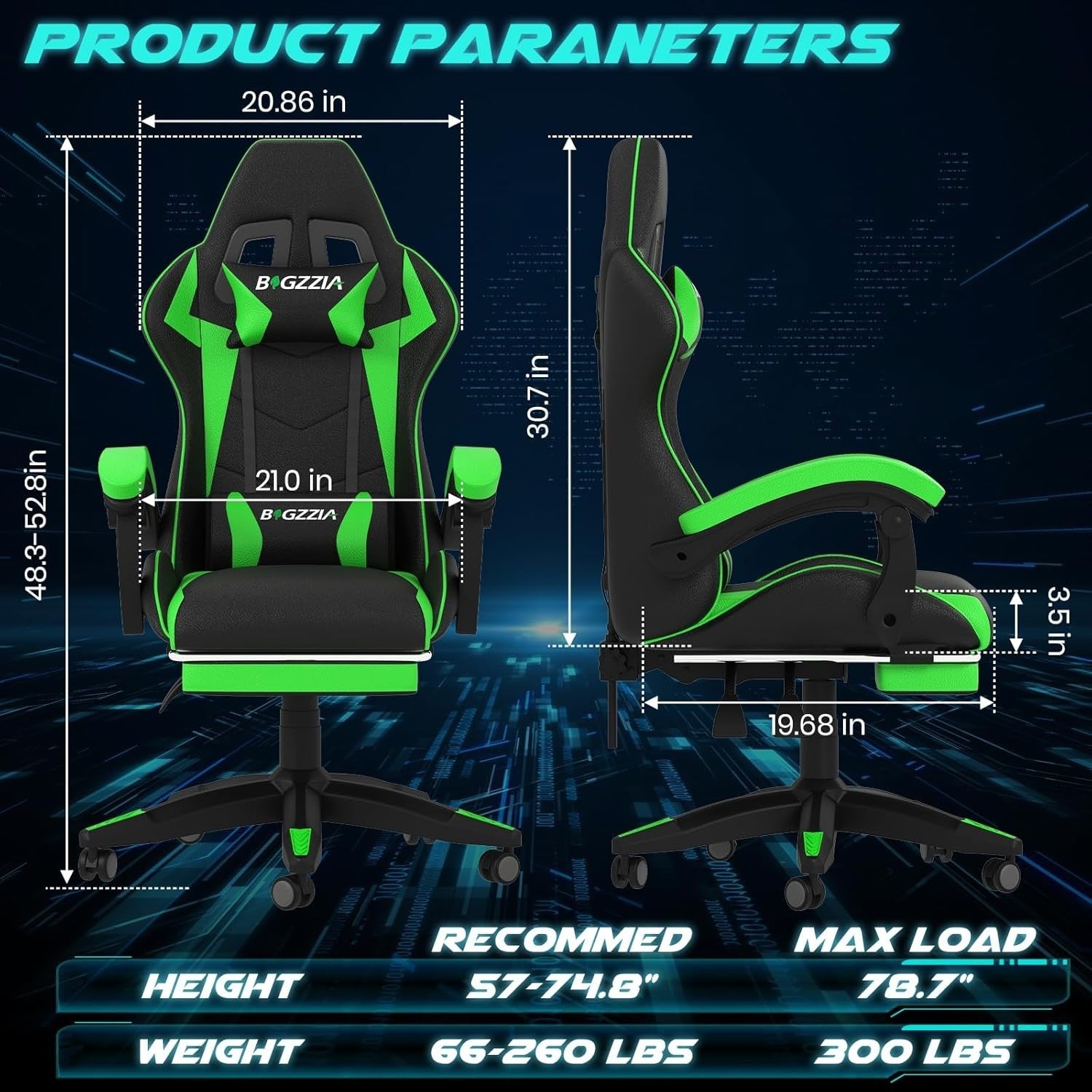 Green LED Gaming Chair Recliner High Back Faux Leather PC Office Computer Seat - Kwikley
