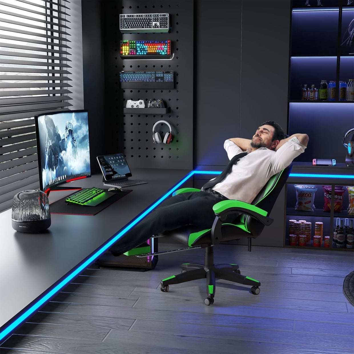 Green LED Gaming Chair Recliner High Back Faux Leather PC Office Computer Seat - Kwikley
