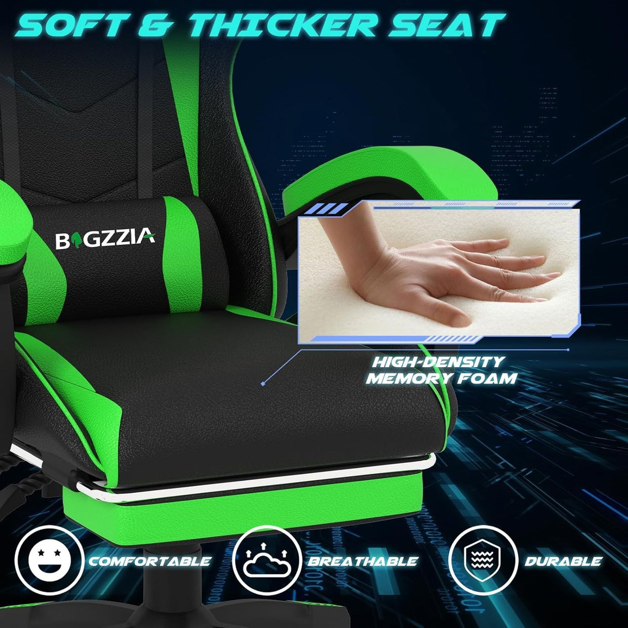 Green LED Gaming Chair Recliner High Back Faux Leather PC Office Computer Seat - Kwikley