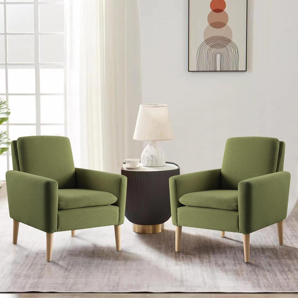 Green Linen Accent Armchair Comfy Lounge Chair for Home Office Bedroom - Kwikley