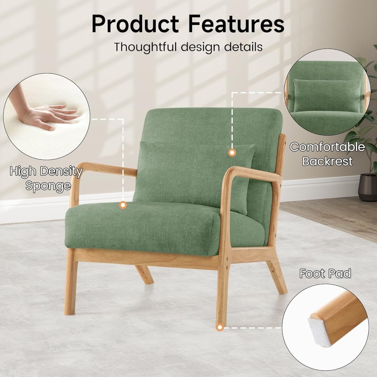 Green Mid Century Accent Chair Wood Frame Lounge Armchair - Kwikley