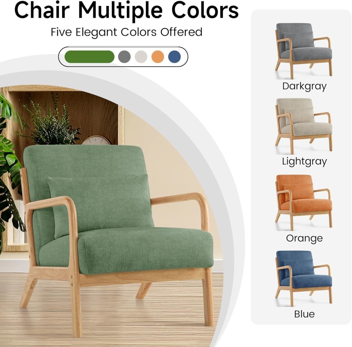 Green Mid Century Accent Chair Wood Frame Lounge Armchair - Kwikley