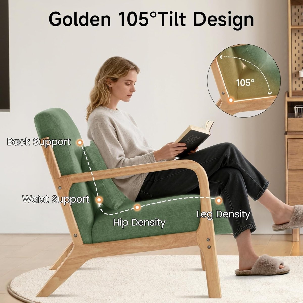 Green Mid Century Accent Chair Wood Frame Lounge Armchair - Kwikley