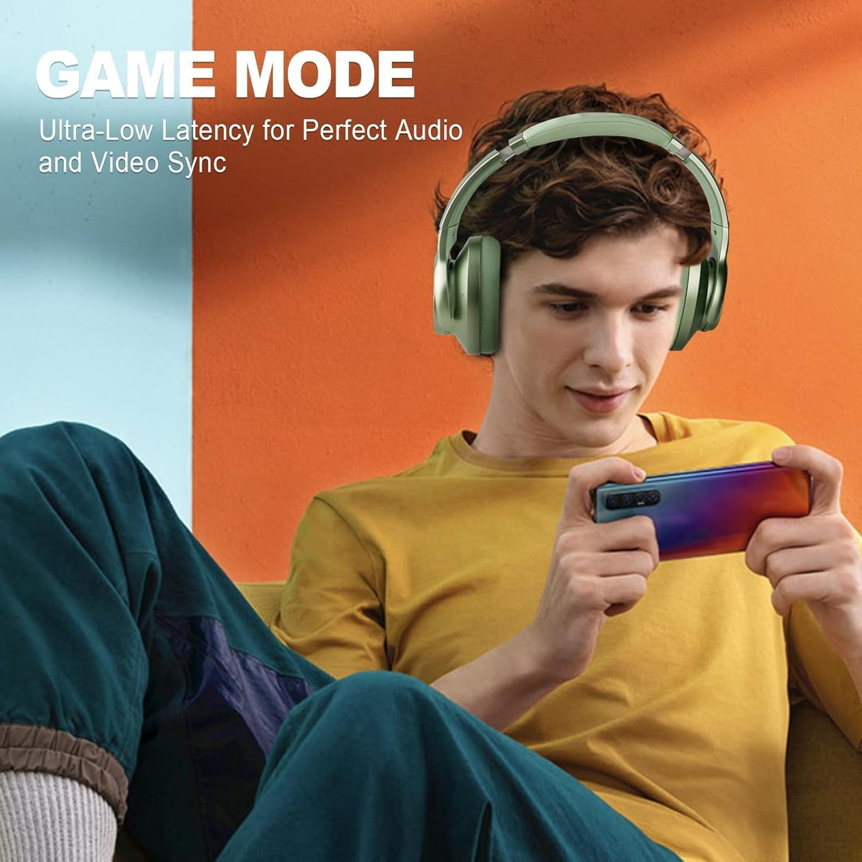 Green Noise Cancelling Bluetooth Headphones 60H Playtime Deep Bass - Kwikley