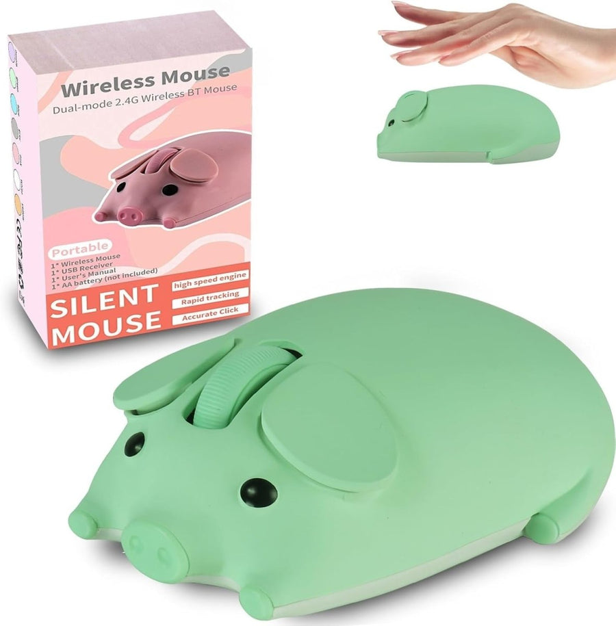 Green Pig Wireless Mouse Bluetooth 5.1 2.4G Silent 1200DPI Cute - Kwikley