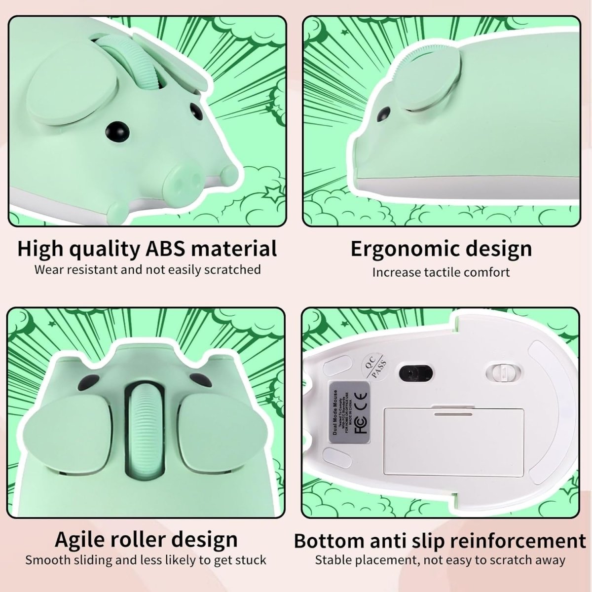 Green Pig Wireless Mouse Bluetooth 5.1 2.4G Silent 1200DPI Cute - Kwikley