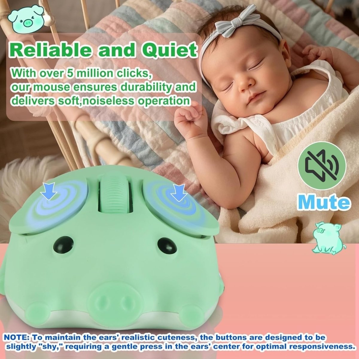 Green Pig Wireless Mouse Bluetooth 5.1 2.4G Silent 1200DPI Cute - Kwikley