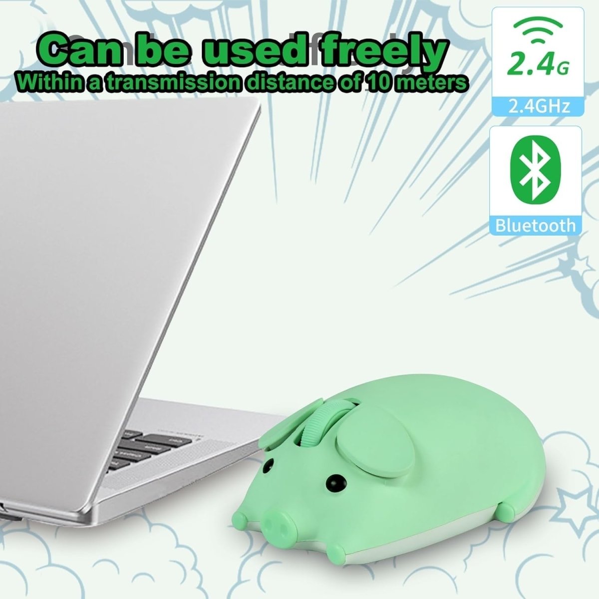 Green Pig Wireless Mouse Bluetooth 5.1 2.4G Silent 1200DPI Cute - Kwikley
