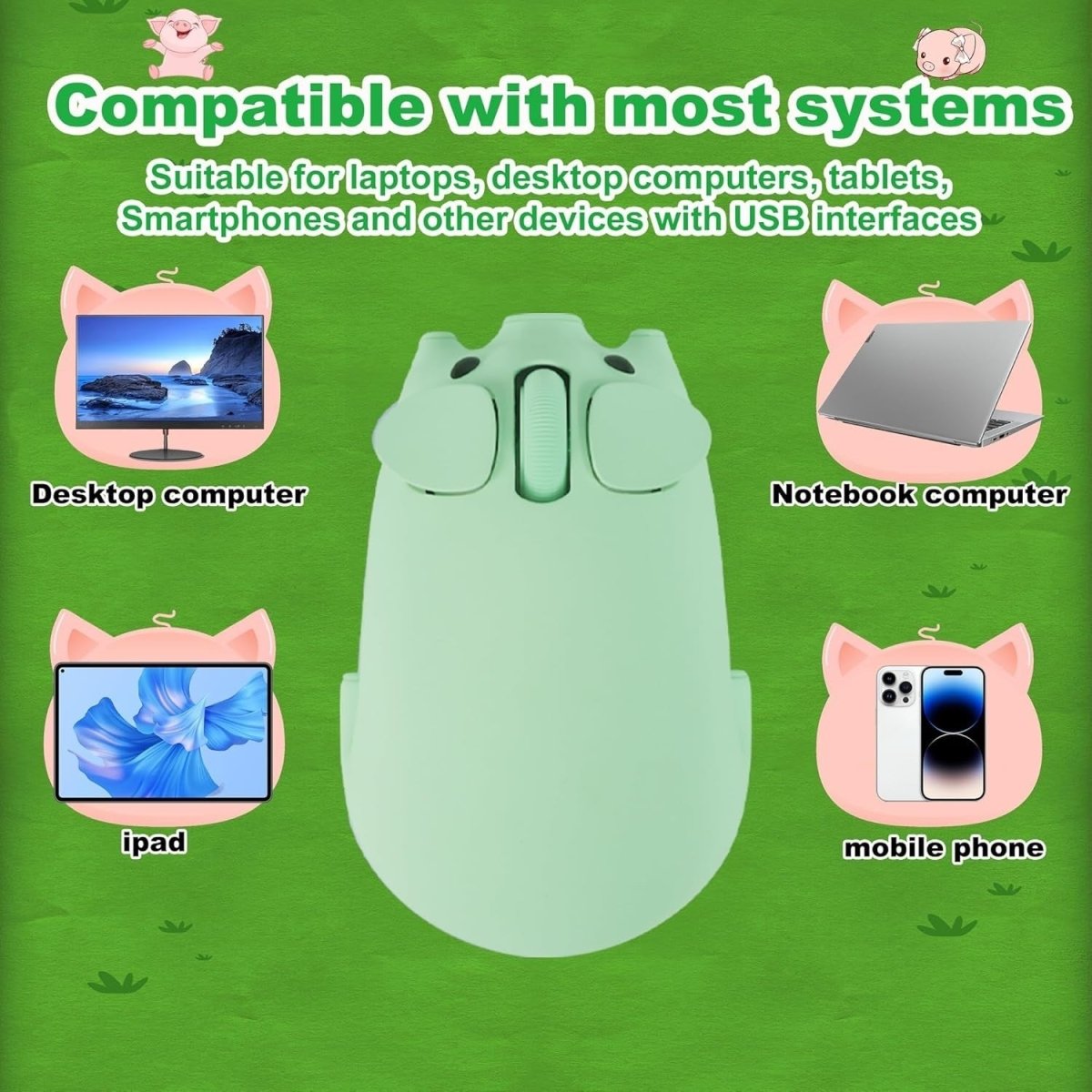 Green Pig Wireless Mouse Bluetooth 5.1 2.4G Silent 1200DPI Cute - Kwikley