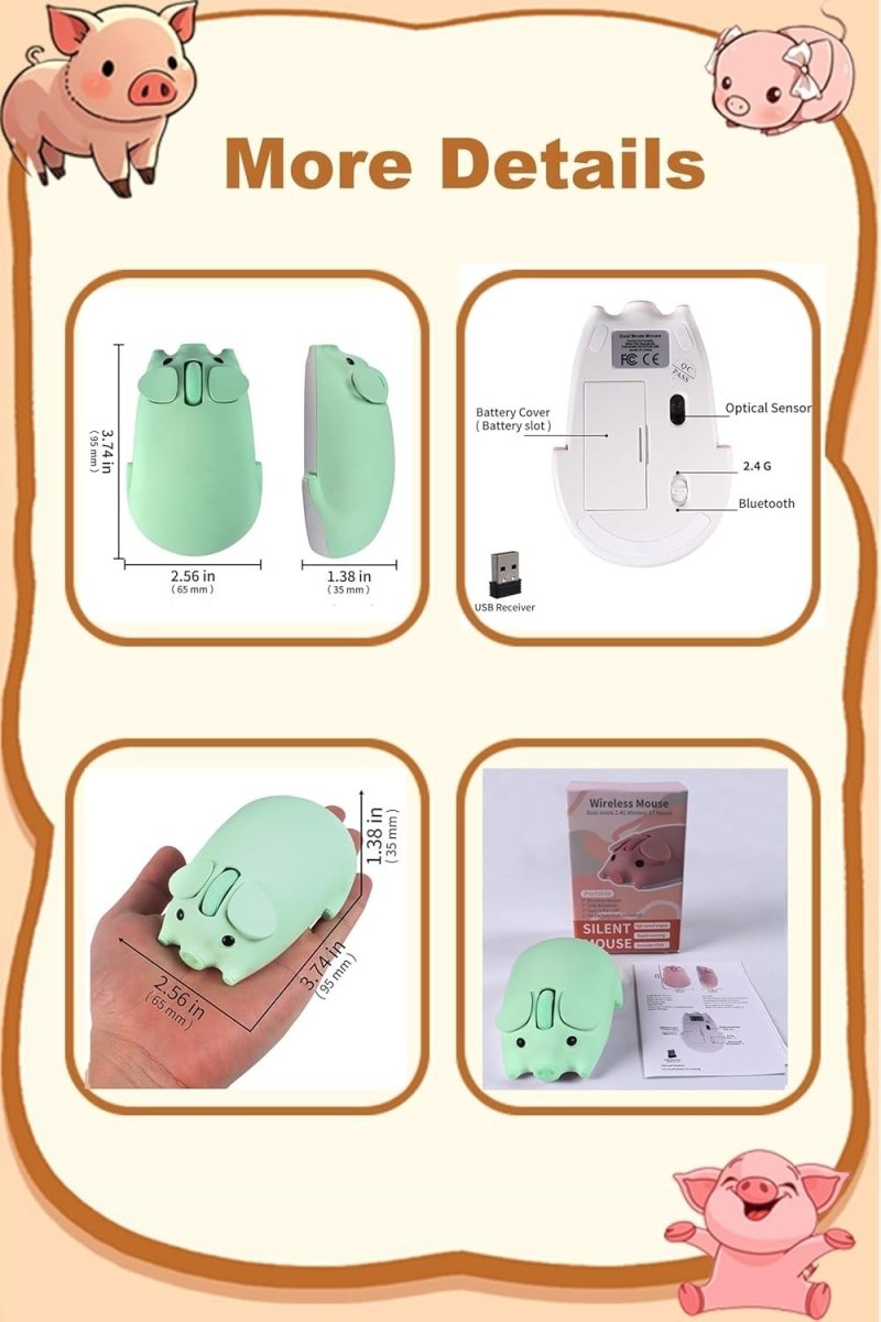 Green Pig Wireless Mouse Bluetooth 5.1 2.4G Silent 1200DPI Cute - Kwikley