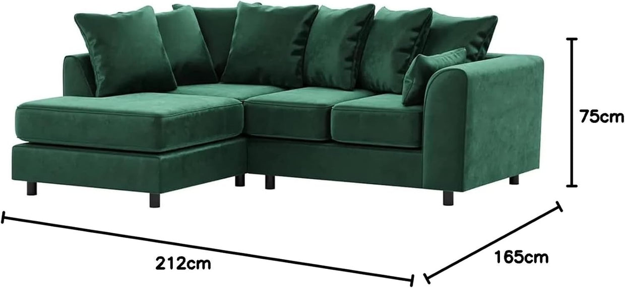 Green Plush Velvet Left Hand L - Shaped Corner Sofa Full Foam Cushions - Kwikley
