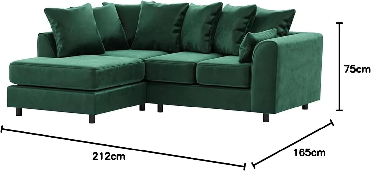 Green Plush Velvet Left Hand L - Shaped Corner Sofa Full Foam Cushions - Kwikley