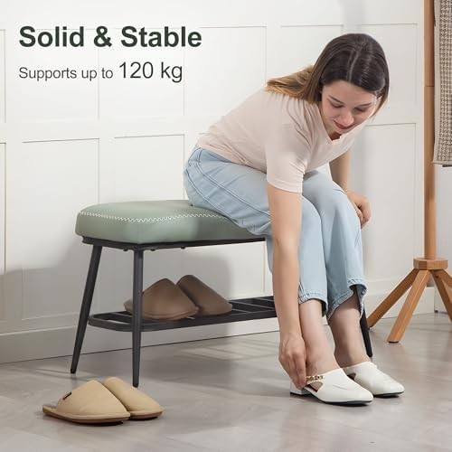 Green PU Leather Shoe Storage Bench with Cushion Seat & Metal Frame Entryway - Kwikley
