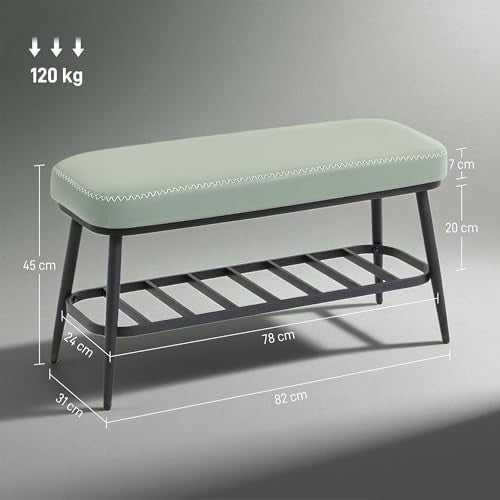 Green PU Leather Shoe Storage Bench with Cushion Seat & Metal Frame Entryway - Kwikley