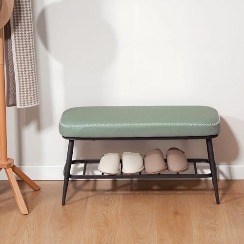 Green PU Leather Shoe Storage Bench with Cushion Seat & Metal Frame Entryway - Kwikley