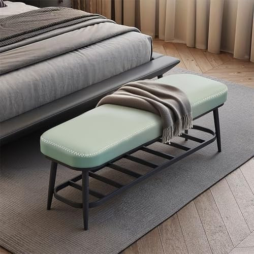 Green PU Leather Shoe Storage Bench with Cushion Seat & Metal Frame Entryway - Kwikley