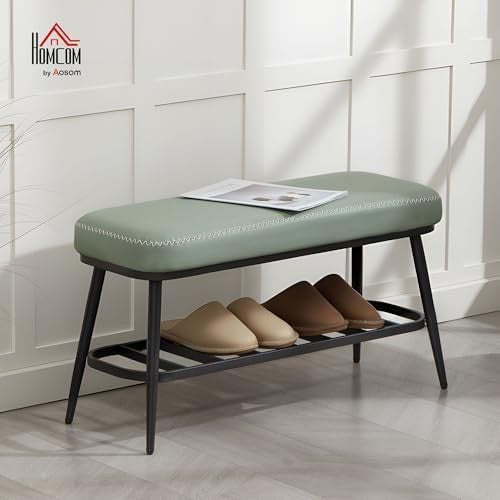 Green PU Leather Shoe Storage Bench with Cushion Seat & Metal Frame Entryway - Kwikley