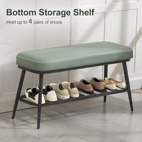 Green PU Leather Shoe Storage Bench with Cushion Seat & Metal Frame Entryway - Kwikley
