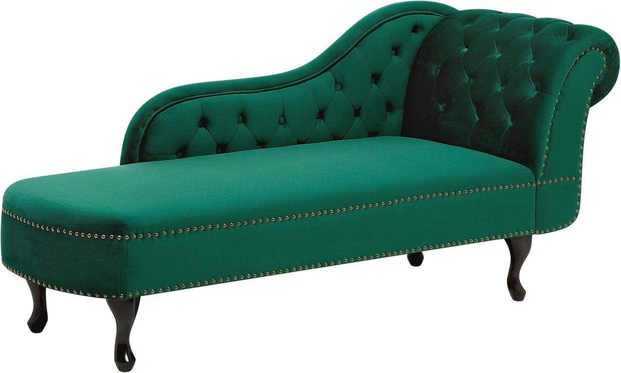 Green Right Hand Chesterfield Chaise Lounge Velvet Fabric Classic Design - Kwikley