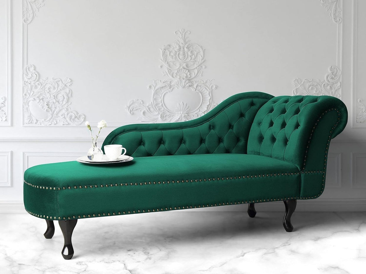 Green Right Hand Chesterfield Chaise Lounge Velvet Fabric Classic Design - Kwikley