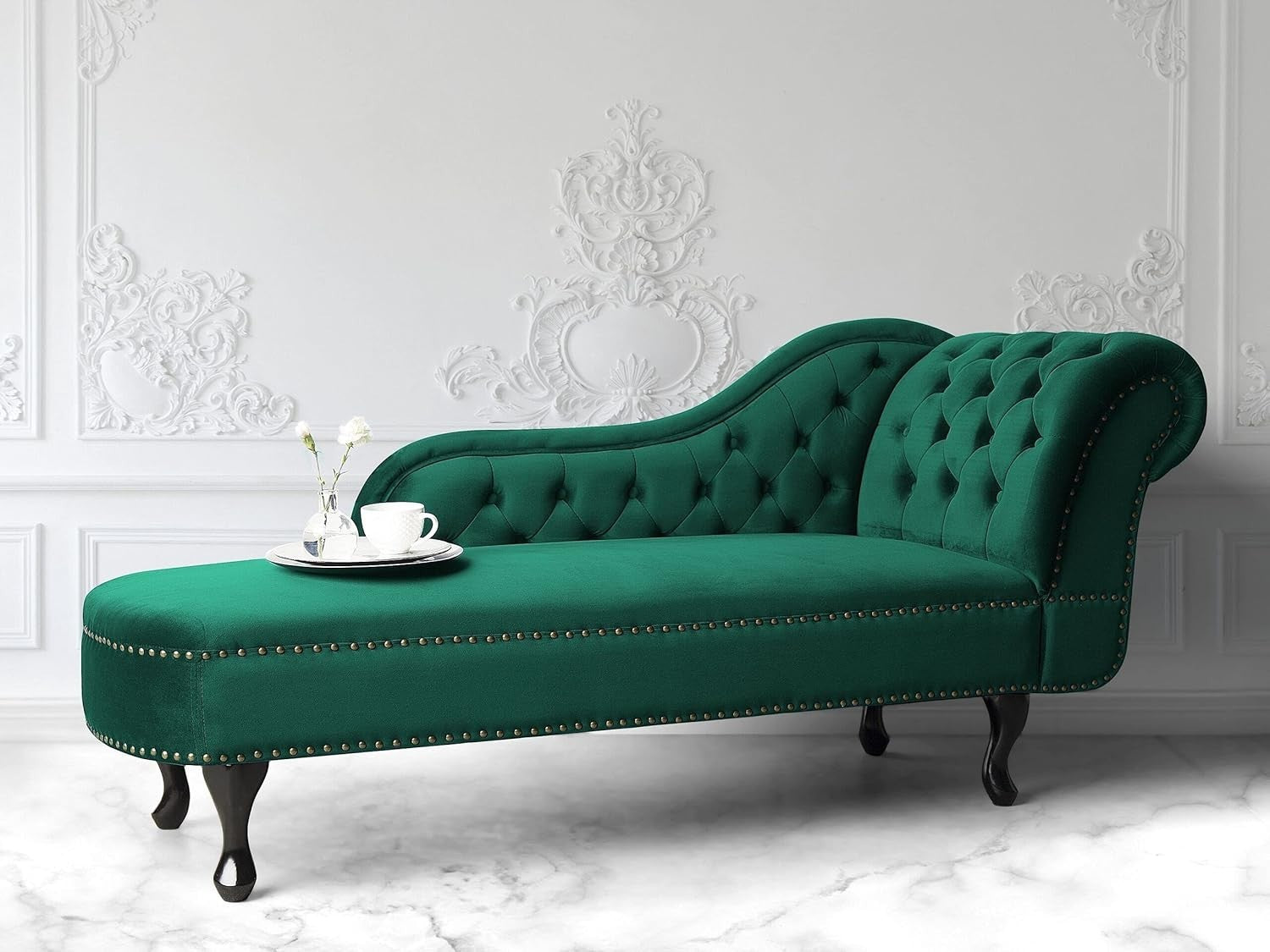 Green Right Hand Chesterfield Chaise Lounge Velvet Fabric Classic Design - Kwikley