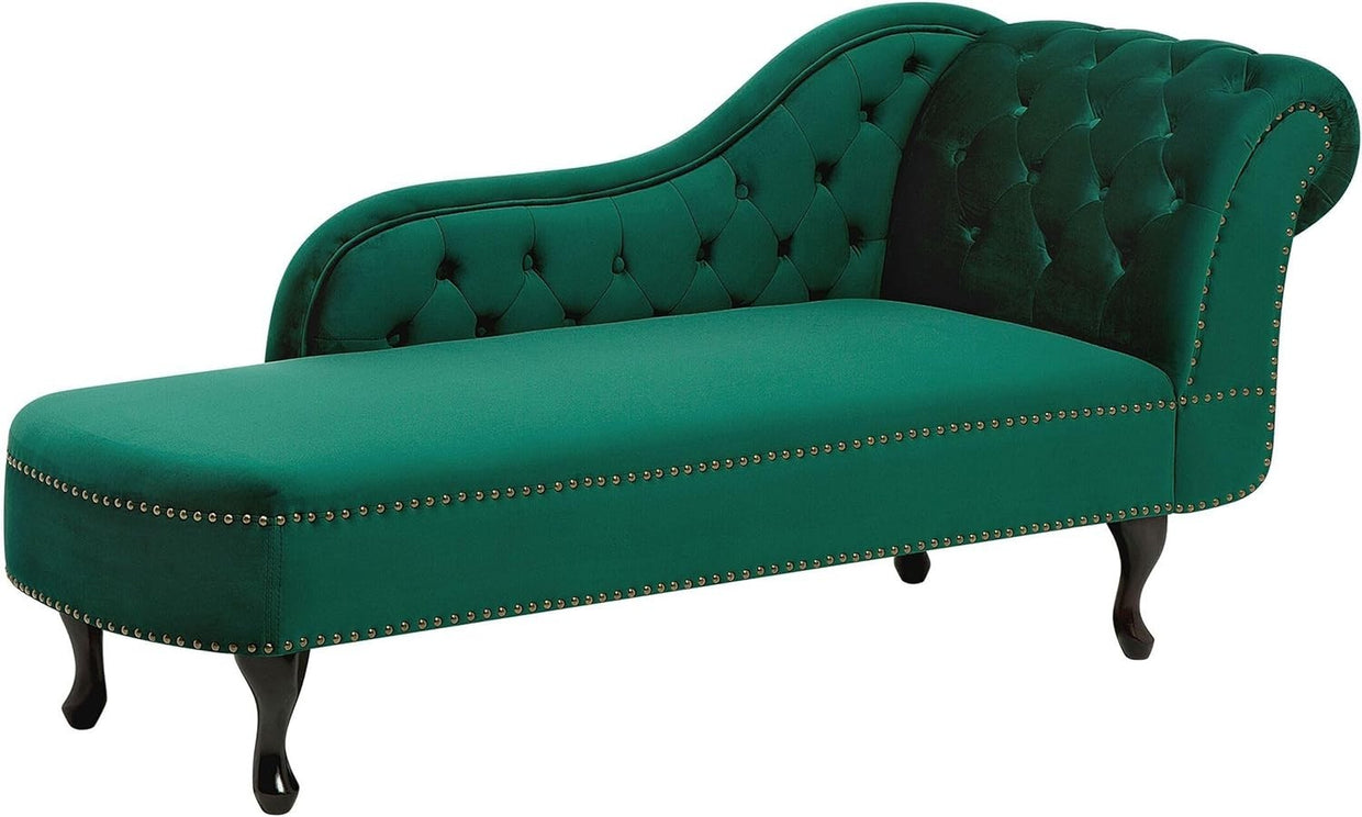 Green Right Hand Chesterfield Chaise Lounge Velvet Fabric Classic Design - Kwikley