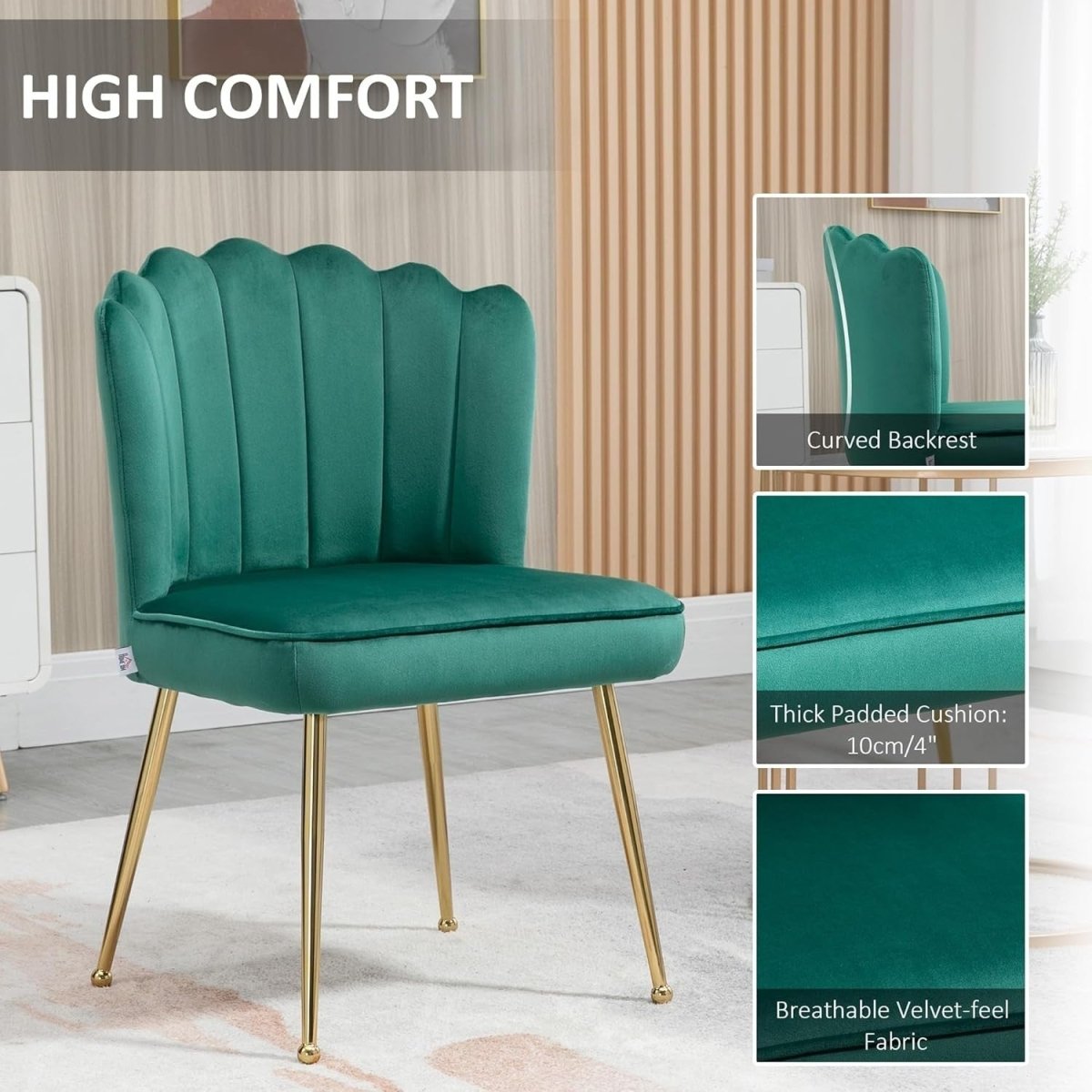 Green Shell Velvet Accent Chair Gold Metal Legs Modern Vanity Lounge Seat - Kwikley