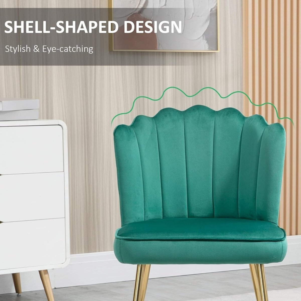 Green Shell Velvet Accent Chair Gold Metal Legs Modern Vanity Lounge Seat - Kwikley