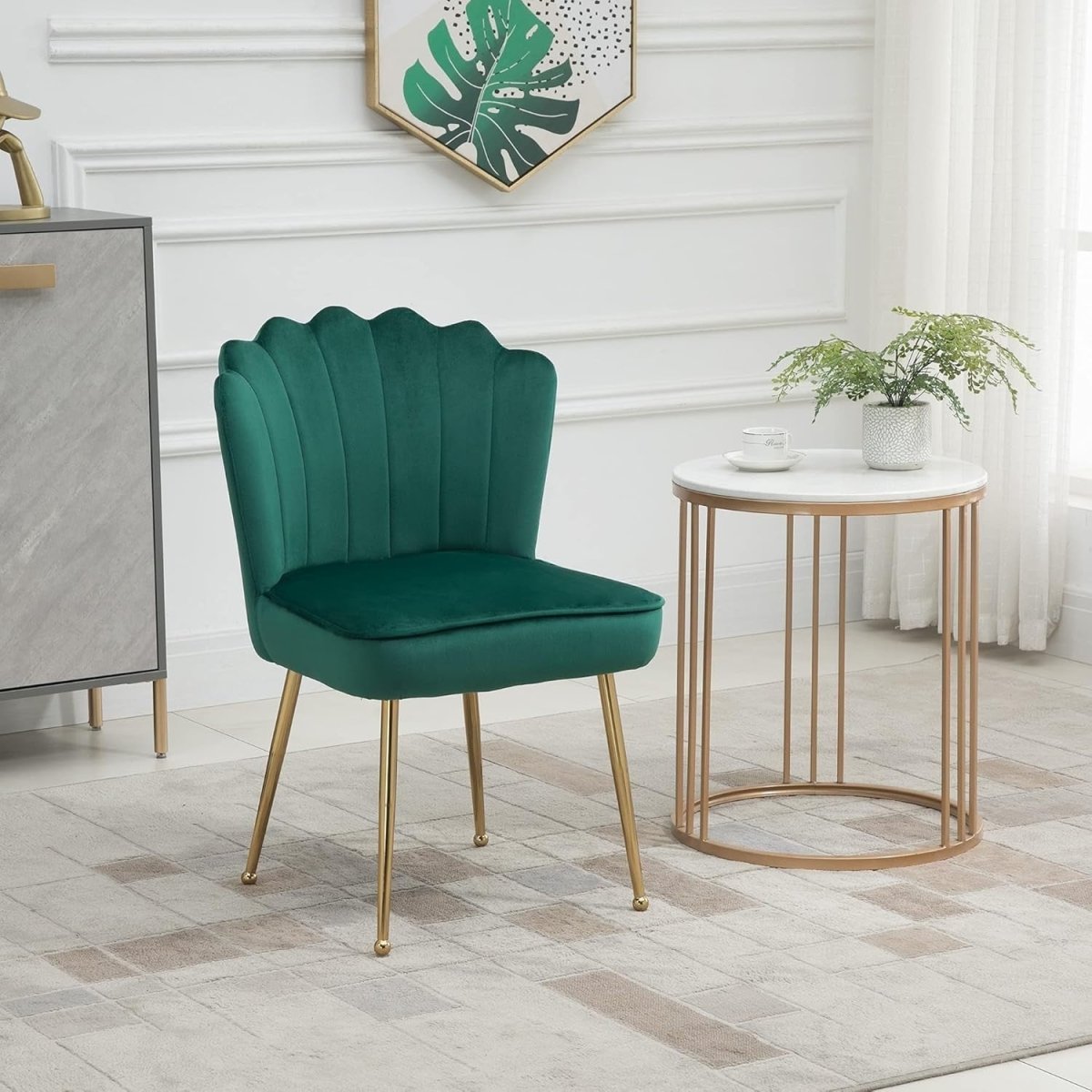 Green Shell Velvet Accent Chair Gold Metal Legs Modern Vanity Lounge Seat - Kwikley