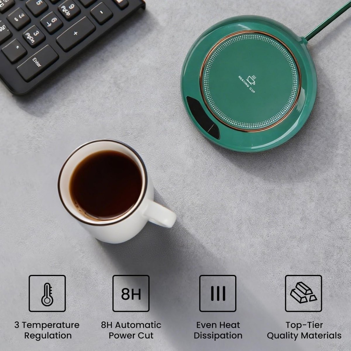 Green USB Coffee Mug Warmer 3 Temp LCD Touch 8H Auto Shut Off - Kwikley