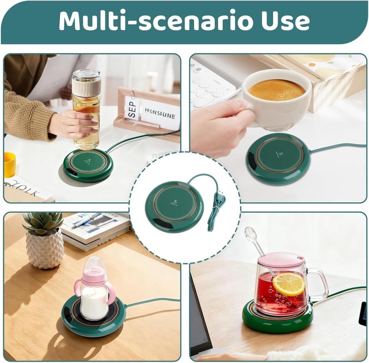 Green USB Coffee Mug Warmer 3 Temp LCD Touch 8H Auto Shut Off - Kwikley