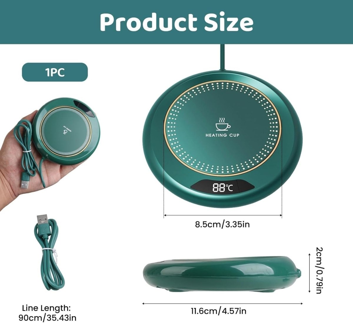 Green USB Coffee Mug Warmer 3 Temp LCD Touch 8H Auto Shut Off - Kwikley